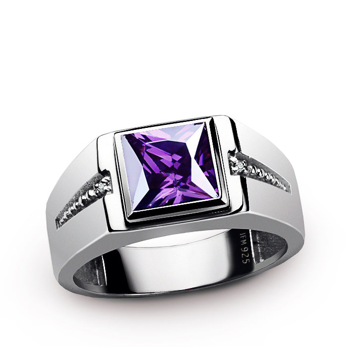 Square Gemstone & Diamonds Men's Ring Rhodium Finish Silver 