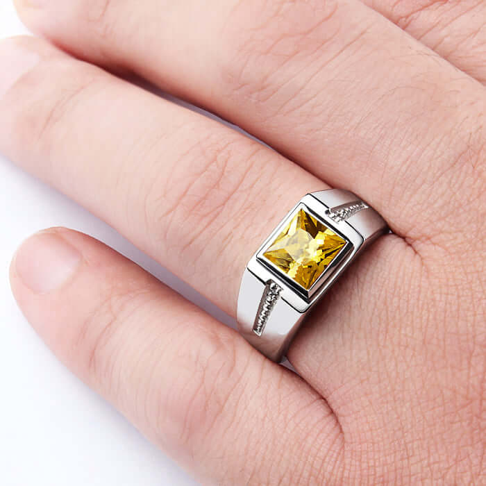 Square Gemstone & Diamonds Men's Ring Rhodium Finish Silver