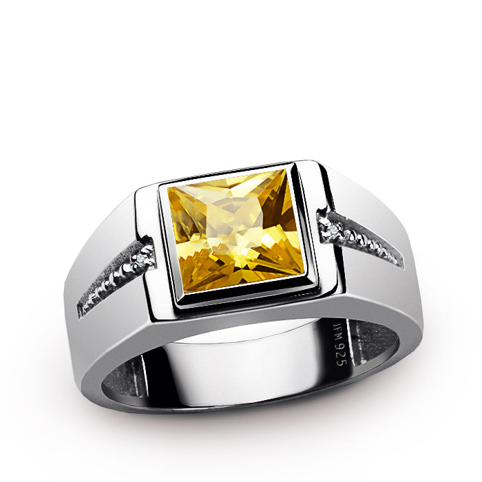 Square Gemstone & Diamonds Men's Ring Rhodium Finish Silver citrine