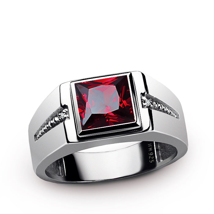 Square Gemstone & Diamonds Men's Ring Rhodium Finish Silver ruby