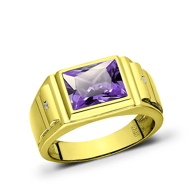 18K Gold Plated on 925 Solid Silver Mens Purple Amethyst Ring 2 Diamond Accents