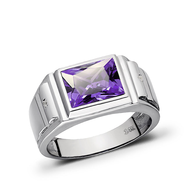 NEW Real Solid 14K White Gold Amethyst Mens Ring 2 Natural Diamonds Ring for Men