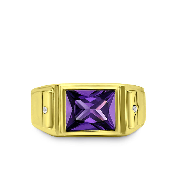 18K Gold Plated on 925 Solid Silver Mens Purple Amethyst Ring 2 Diamond Accents