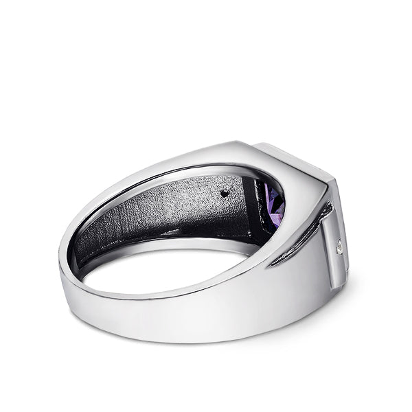 NEW Real Solid 14K White Gold Amethyst Mens Ring 2 Natural Diamonds Ring for Men