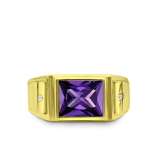Fine Ring for Men Solid 14K Gold Purple Amethyst 2 Natural Diamonds Mens Ring