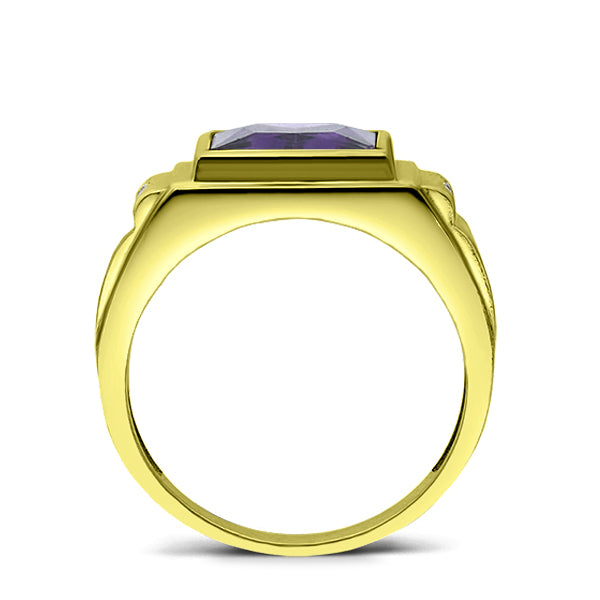 Fine Ring for Men Solid 14K Gold Purple Amethyst 2 Natural Diamonds Mens Ring