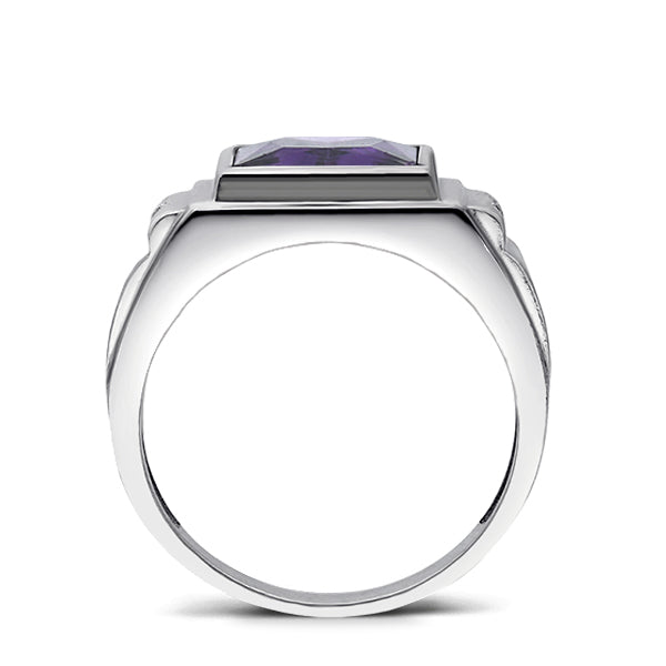 NEW Real Solid 14K White Gold Amethyst Mens Ring 2 Natural Diamonds Ring for Men