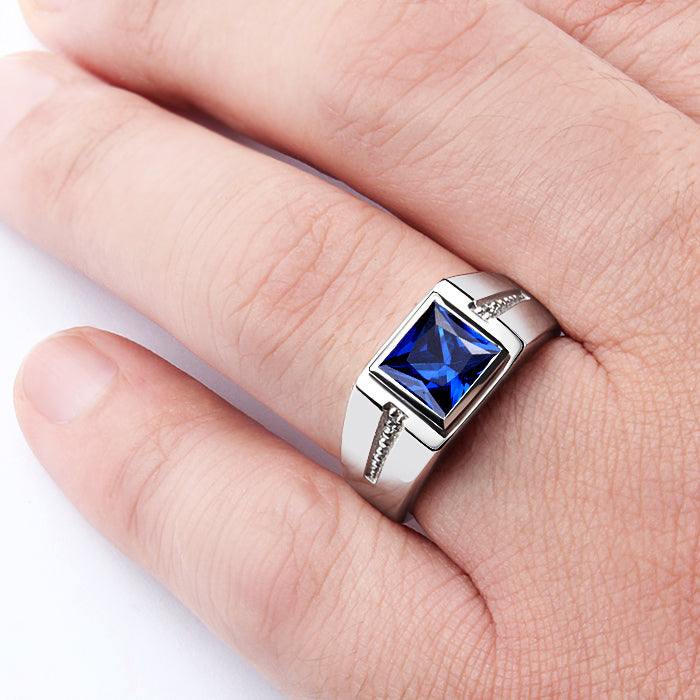 Square Gemstone & Diamonds Men's Ring Rhodium Finish Silver sapphire