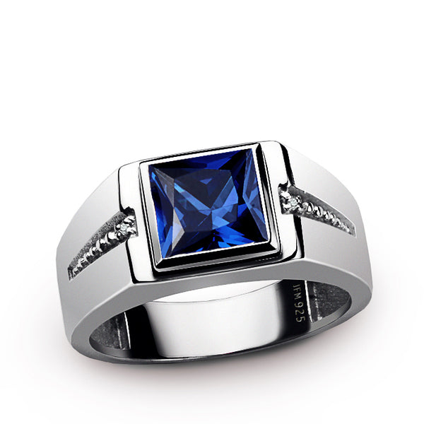 Square Gemstone & Diamonds Men's Ring Rhodium Finish Silver sapphire