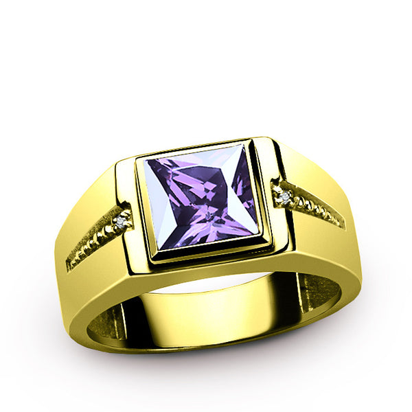 Men's Ring 14K Gold with Genuine Diamonds and Purple Amethyst, Men's Gemstone Ring