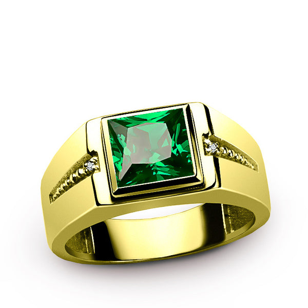 Men's Diamond Ring 14K Yellow Gold with Green Emerald Gemstone, Genuine Diamonds Ring for Men