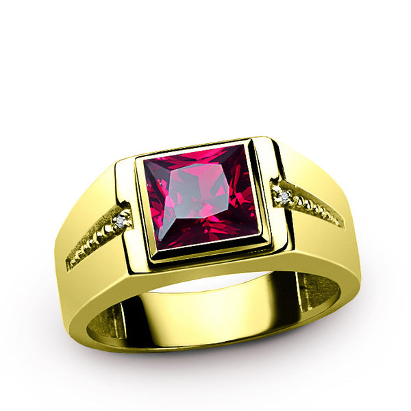 Men's 14K Yellow Gold Ring with Natural Diamonds and Square Ruby