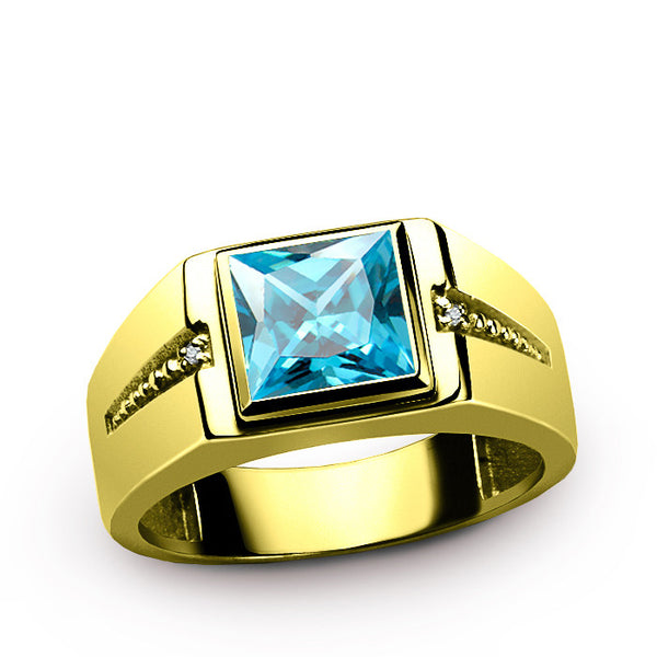 10K Yellow Gold Men's Ring with Blue Topaz and Genuine Diamonds Gemstone Ring for Men