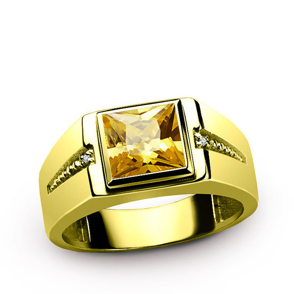 10K Yellow Gold Men's Ring with Natural Diamonds and Yellow Citrine Gemstone, Men's Statement Ring