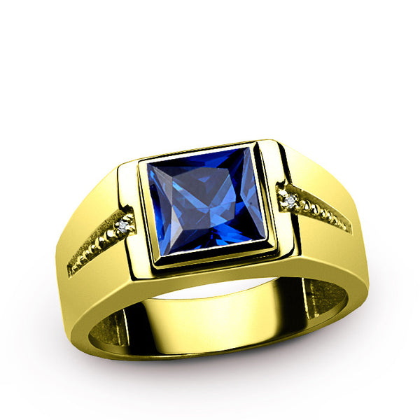 Sapphire Men's Ring 10K Yellow Gold with Natural Diamonds, Statement Men's Ring