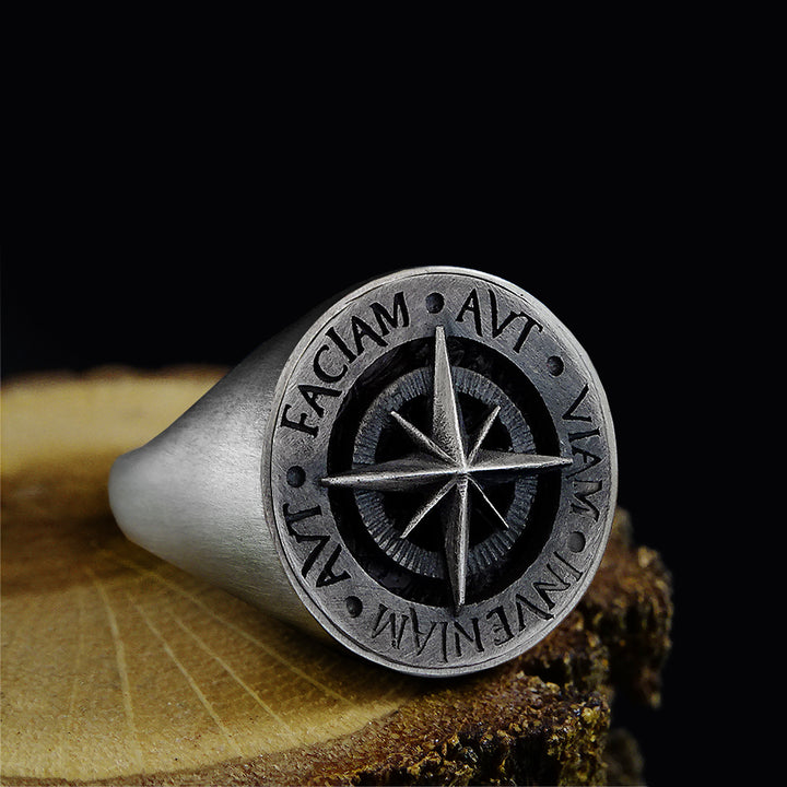 Aut Viam Inveniam Aut Faciam Latin Motto 925 Sterling Silver Mens Signet Compass Ring