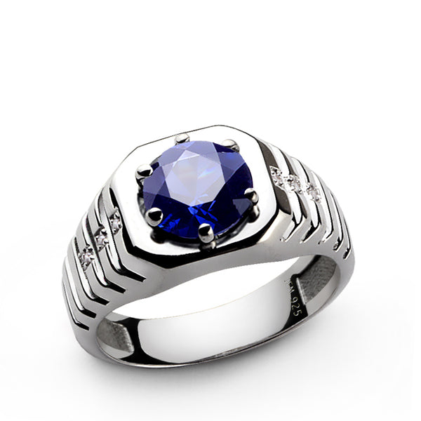 Ridged Silver Ring for Men Diamonds and Round Gemstone