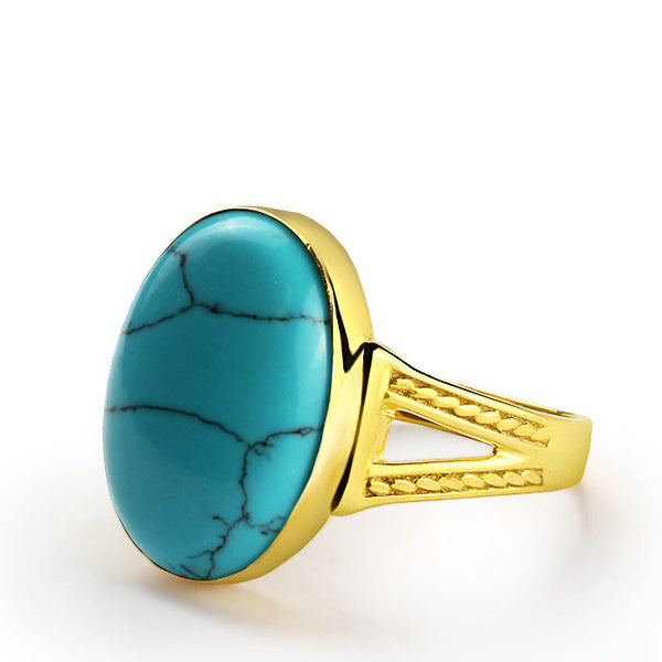 Men's 14k Yellow Gold Wedding Ring with Blue Turquoise Natural Stone