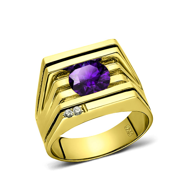 Real Solid Silver 18K Gold Plated Mens Amethyst 2 Diamond Ring
