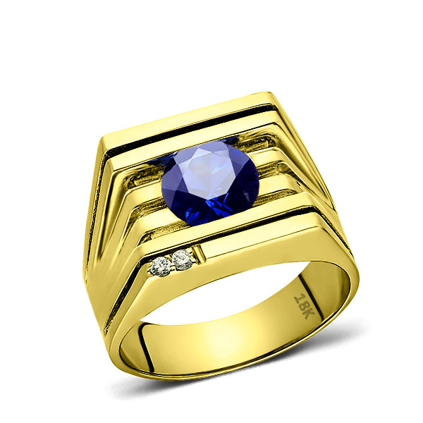 Solid 18K YELLOW GOLD Mens Ring with Sapphire and 2 Real DIAMOND Accents