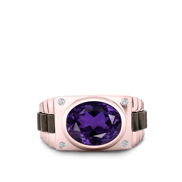 Amethyst and Diamond Ring Rose Gold Plated Solid 925 Silver Band Male Wedding Jewelry