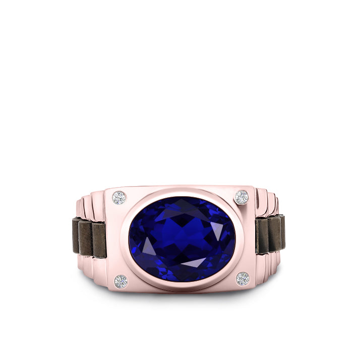925 Silver Signet Ring with Blue Stone Rose Gold Plated Men's Engagement Band with Natural Diamonds