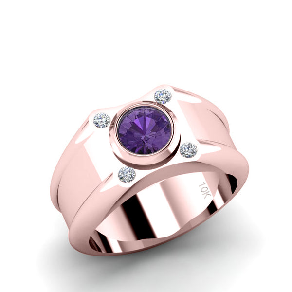 Gentleman Jewelry 4 Natural Diamonds in SOLID 10K Rose Gold with Round Amethyst 7 mm Wide Ring