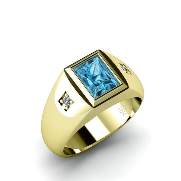 Wedding Signet Ring 2.40ct Light Blue Topaz with Diamonds Solid 10k Gold Ring Rectangle Cut