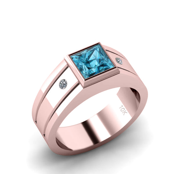 Solid Gold Ring with Square Stone and 2 Genuine Diamonds Men's Blue Engagement Ring