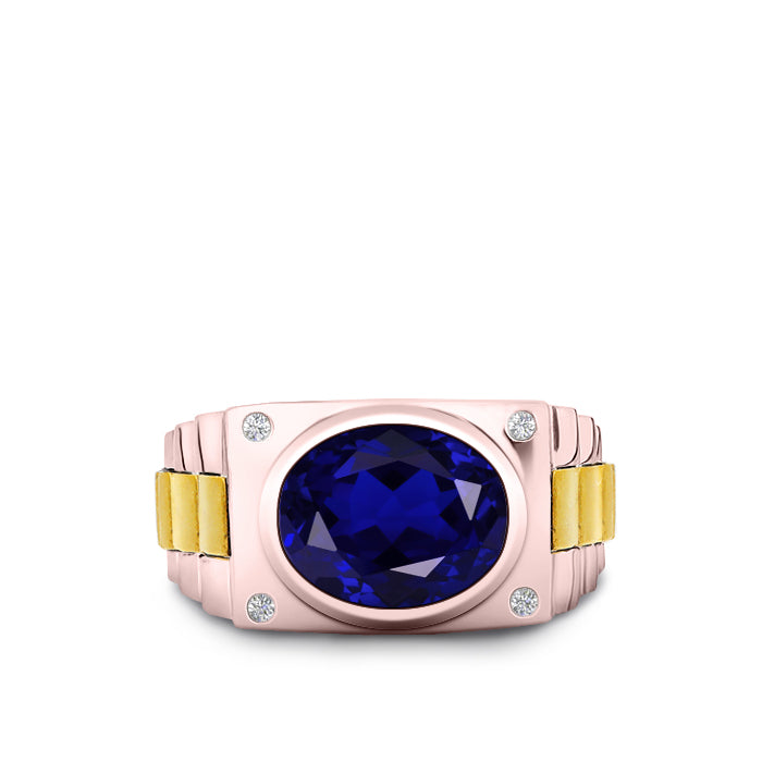 925 Silver Signet Ring with Blue Stone Rose Gold Plated Men's Engagement Band with Natural Diamonds