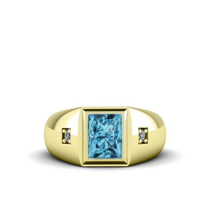 Aquamarine Ring for Men with Natural Diamonds in Gold-Plated Solid Silver Male Pinky Ring