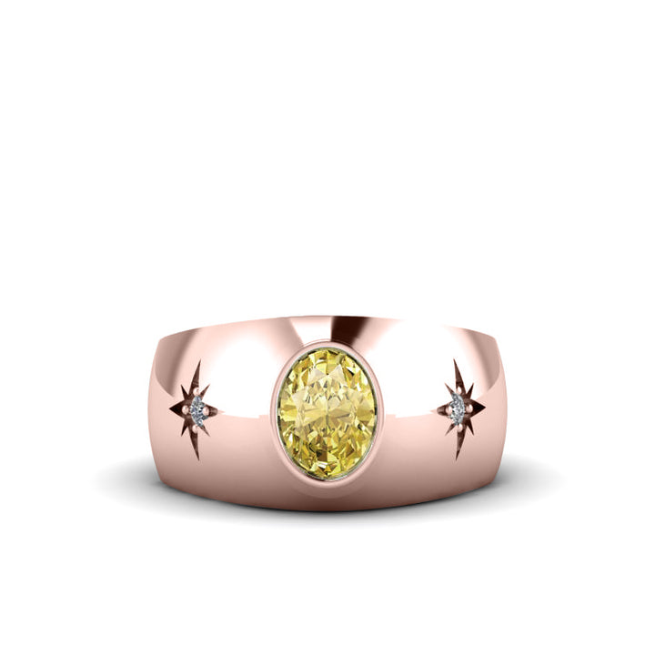 Gold Plated Silver Heavy Gents Ring with 2.40ct Citrine and 0.06ct Diamonds Hallmarked Solitaire
