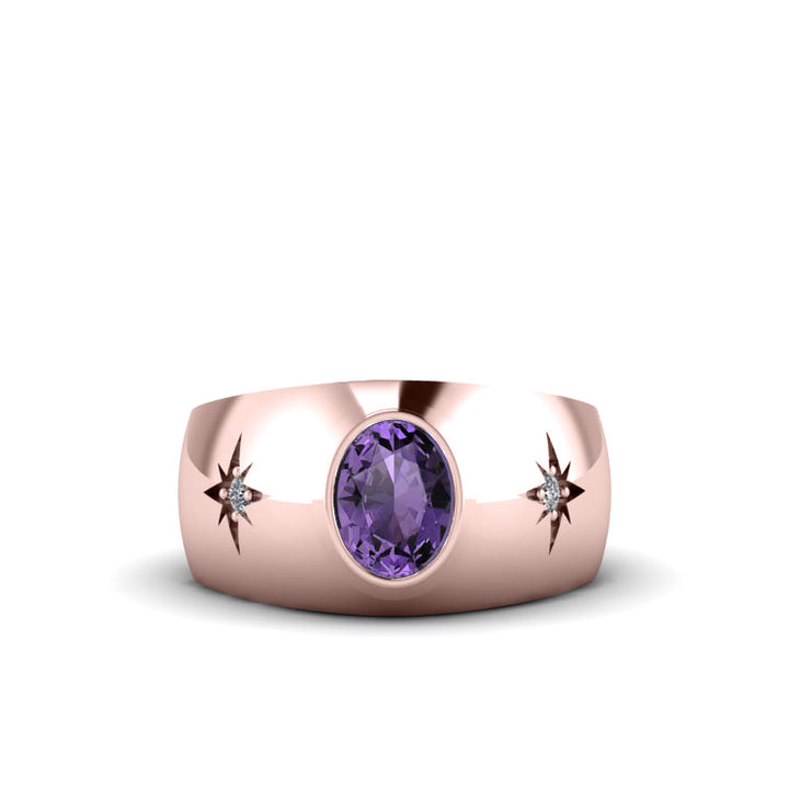 3-Stone Accented Men's Ring Amethyst in Rose Gold-Plated Silver with Diamonds Hallmarked Band