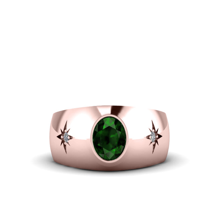 Men's Gold-Plated Signet Ring with Oval Emerald and Real Diamonds Hallmarked Wide Band