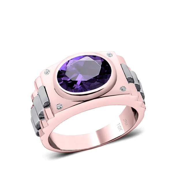 Modern Engagement Ring with Gemstone 10k Solid Gold Male Band with Diamonds and Amethyst