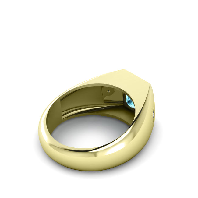 Aquamarine Ring for Men with Natural Diamonds in Gold-Plated Solid Silver Male Pinky Ring