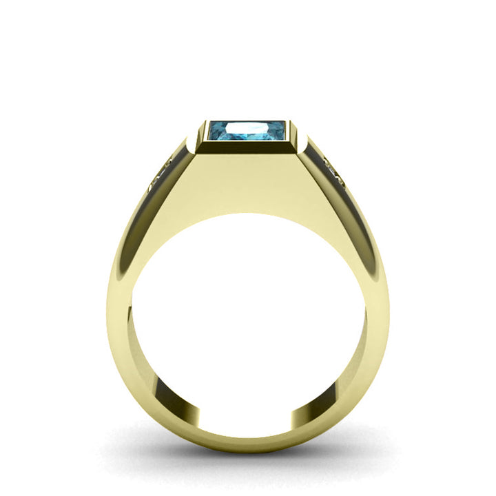 Aquamarine Ring for Men with Natural Diamonds in Gold-Plated Solid Silver Male Pinky Ring