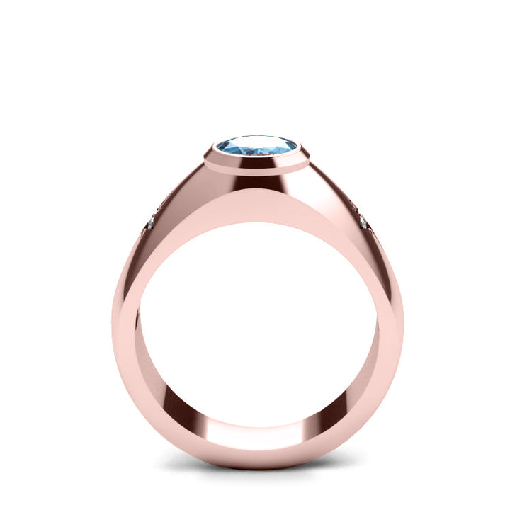 Gents Single Stone Aquamarine Ring Rose Gold-Plated Silver with Diamonds Custom Engraved