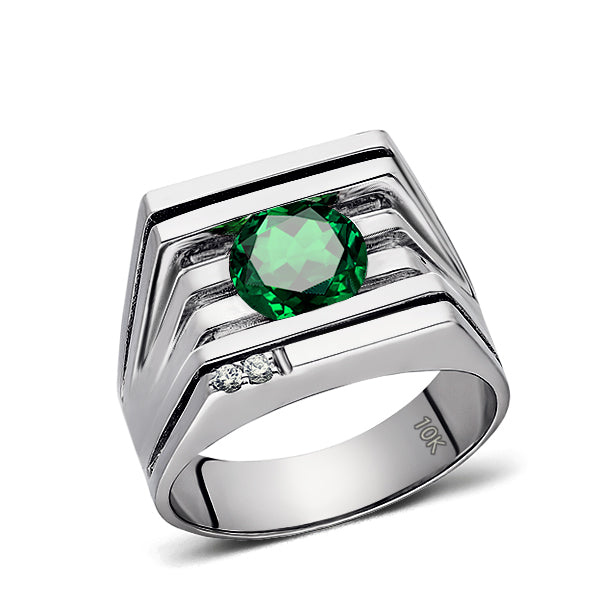 Solid 10K White Gold Ring Ring Green Emerald and 2 DIAMOND Accents