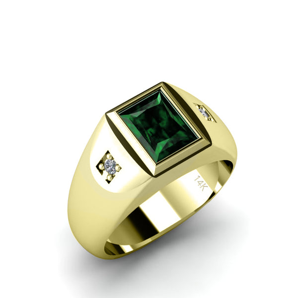 Men's Fashion Ring Solid 14K Yellow Gold 2 Natural Diamonds and Green Emerald Personalized Gift for Him