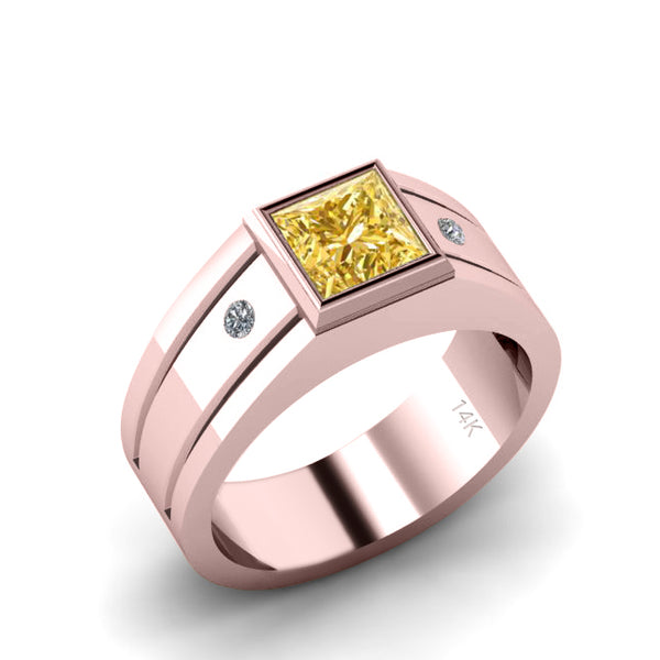 Natural Diamond Ring in 14K Rose Gold with Square Yellow Citrine 6 mm Wide Gemstone Band