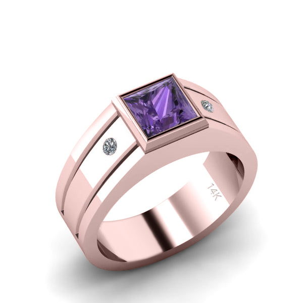 Unique Male Wedding Band SOLID 14K Rose Gold and 2 Natural Diamonds Gents Amethyst Ring