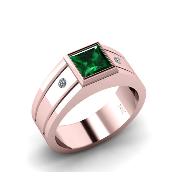 Men's Three Stone Ring with Diamonds in SOLID 14K Rose Gold with Square Green Emerald Male Gift