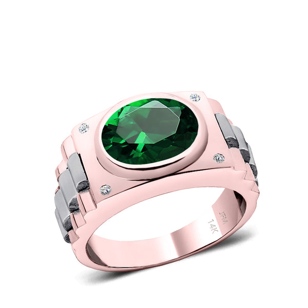 Princess Cut Emerald Men's Ring with Natural White Diamonds in 14K Rose Gold Engraved Male Band