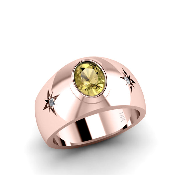 Citrine Signet Ring in 14K Solid Rose Gold with 2 Diamonds Engraved Engagement Band for Man