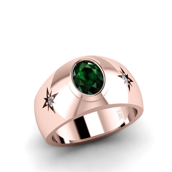 Men's Three Stone Diamond Ring 14K Rose Gold with Green Emerald Flat Wedding Band
