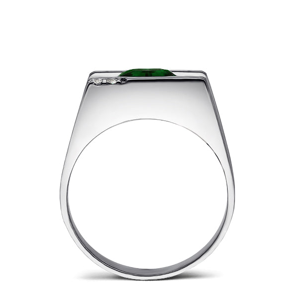 REAL Solid 14K White GOLD Mens Ring with Emerald and 2 DIAMOND Accents