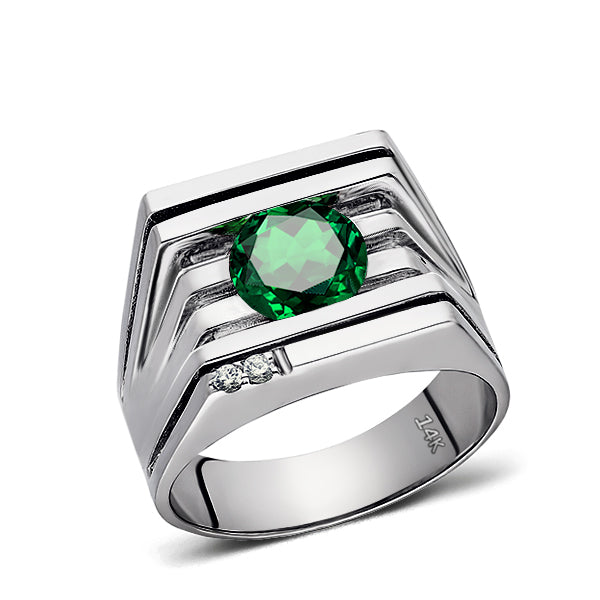 REAL Solid 14K White GOLD Mens Ring with Emerald and 2 DIAMOND Accents