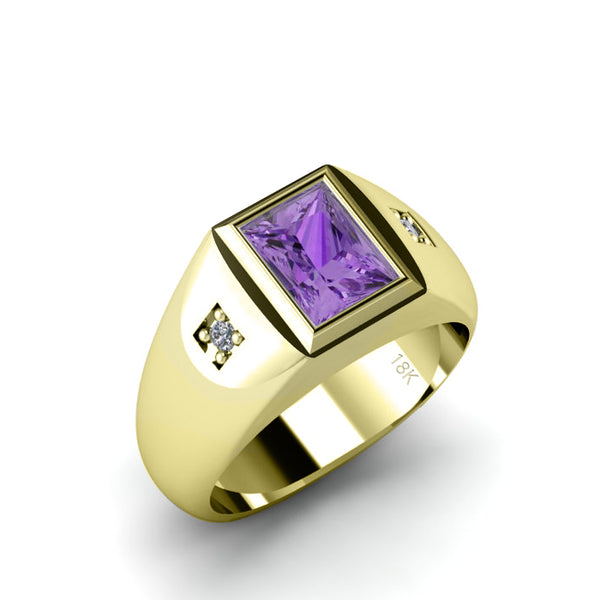 Gents Ring 18K Yellow Gold with Diamonds and Amethyst Gemstone Wideband Wedding Jewelry