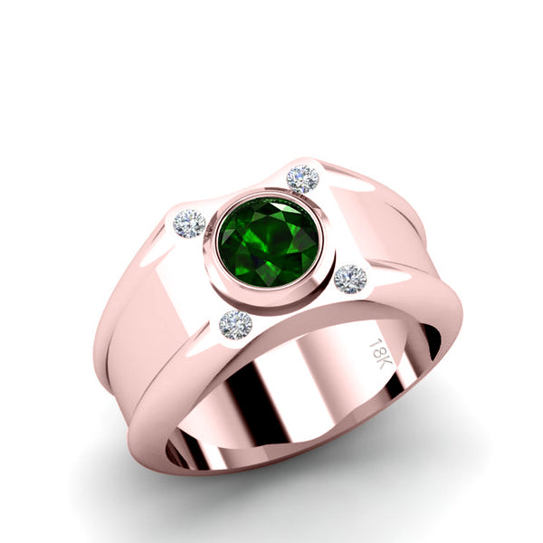Solid Engrave Ring 18k Gold and 4 Natural Diamonds Men's Band with Emerald Jewelry Accessory Gift